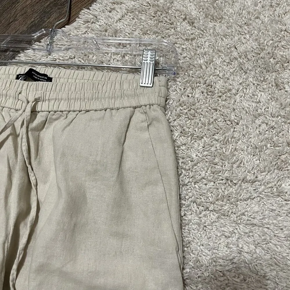 Zara Size Medium Beige Linen Blend Wide Leg Pull-On Drawstring Pants